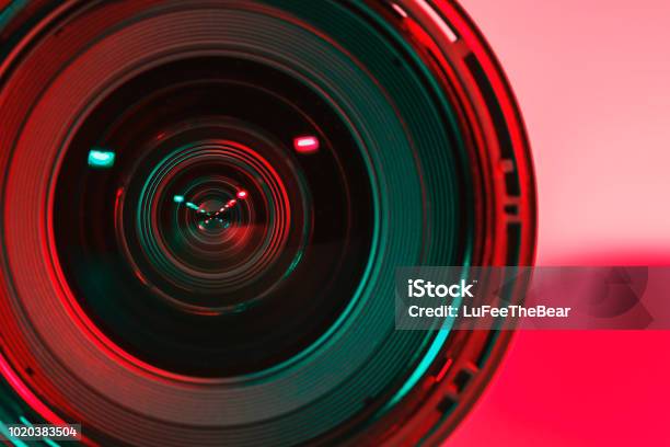 Front Of Lens Camera And Light Shade Color From Two Flash Stock Photo - Download Image Now