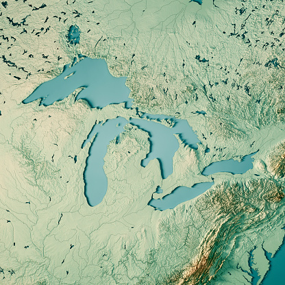 3D Render of a Topographic Map of the Great Lakes, USA and Canada.\nAll source data is in the public domain.\nColor texture and Rivers: Made with Natural Earth. \nhttp://www.naturalearthdata.com/downloads/10m-raster-data/10m-cross-blend-hypso/\nhttp://www.naturalearthdata.com/downloads/10m-physical-vectors/\nRelief texture: SRTM data courtesy of USGS. URL of source image: \nhttps://e4ftl01.cr.usgs.gov//MODV6_Dal_D/SRTM/SRTMGL1.003/2000.02.11/\nWater texture: HIU World Water Body Limits:\nhttp://geonode.state.gov/layers/?limit=100&offset=0&title__icontains=World%20Water%20Body%20Limits%20Detailed%202017Mar30