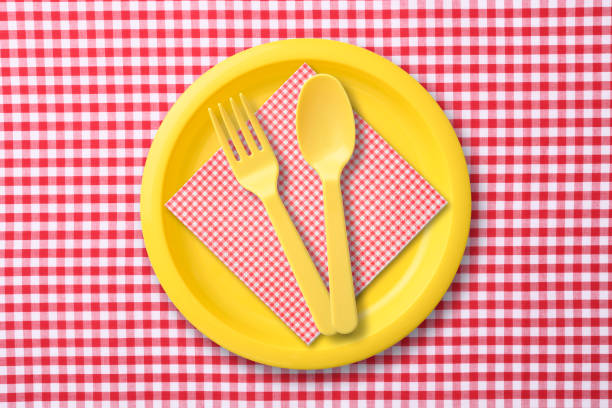 istock Yellow plastic plate with folk and spoon on red gingham check tablecloth 1020385732