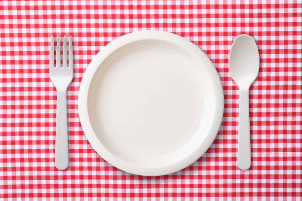 istock White plastic plate with folk and spoon on red gingham check tablecloth 1020385758