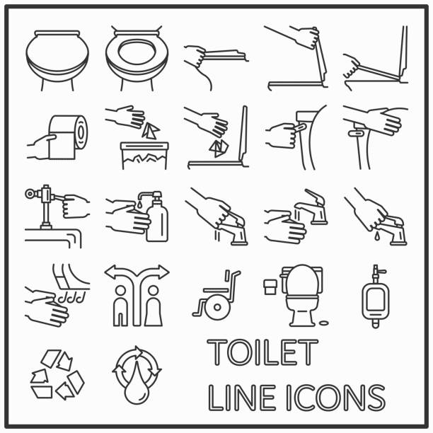 illustrazioni stock, clip art, cartoni animati e icone di tendenza di design grafico icone della linea del water per decorazioni di motivi e supporti, wc, lavatory, icone della linea del bagno. - toilet paper