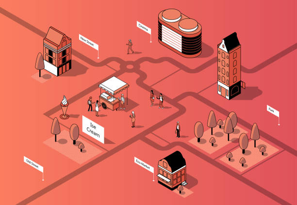 wektor 3d izometryczne centrum miasta. mapa miejska - diminishing perspective obrazy stock illustrations