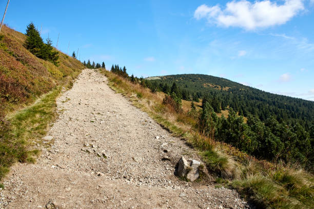 Hikers walking alone on top of a mountain.