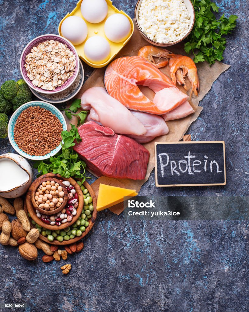 Healthy food high in protein Healthy food high in protein. Meat, fish, dairy products, nuts and beans Protein Stock Photo