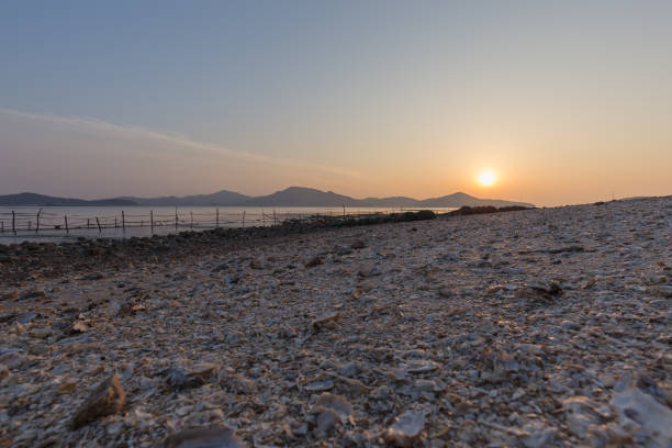 Sun going down over a beach made of empty oyster shells harvested from the water by fishermen