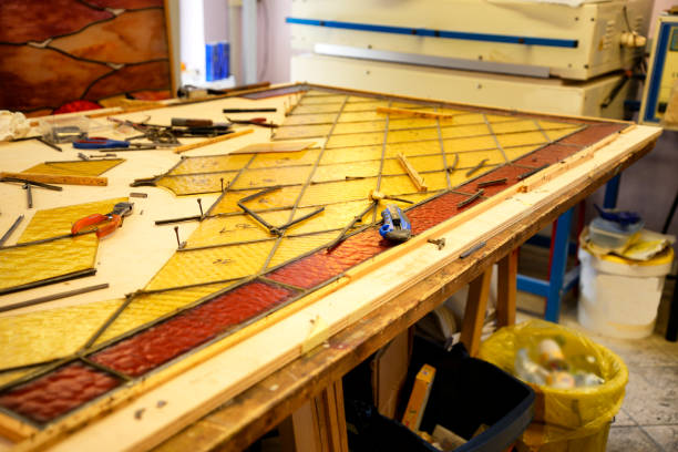 istock Old glass door restoring in master glazier workshop 1020444464