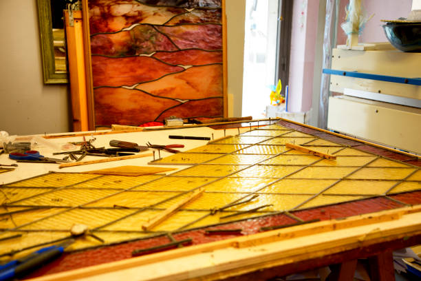 istock Old glass door restoring in master glazier workshop 1020444480