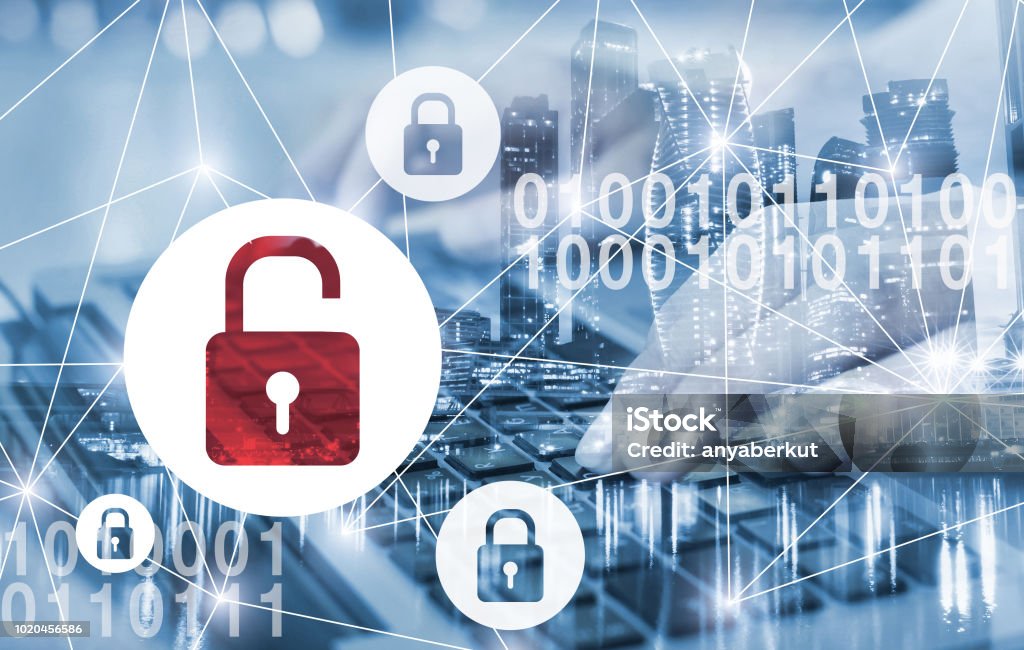 hacker attack and data breach, information leak concept hacker attack and data breach, information leak concept, double exposure futuristic cyber  background with broken lock Security Stock Photo