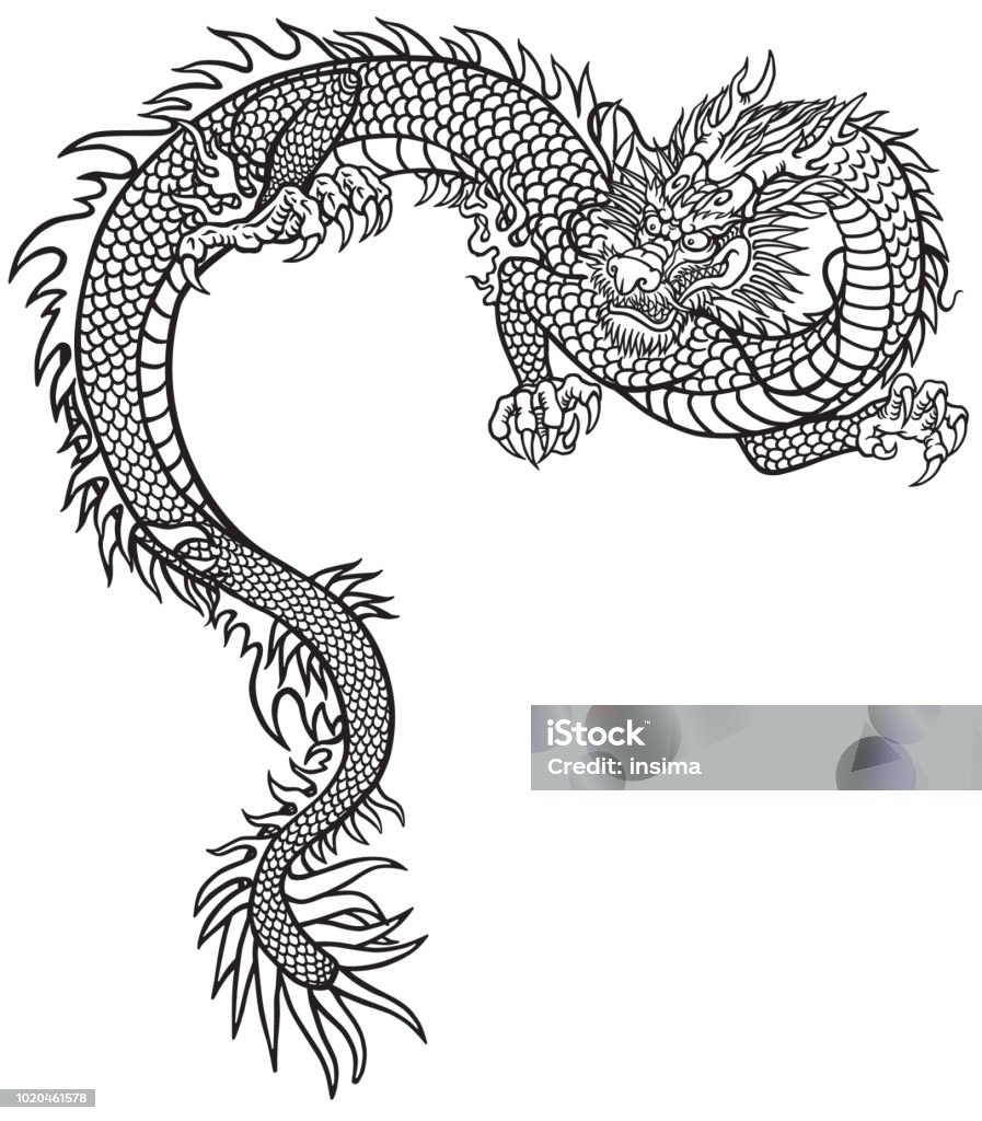 Eastern dragon black and white tattoo Eastern dragon . Black and white tattoo style outline vector illustration Chinese Dragon stock vector