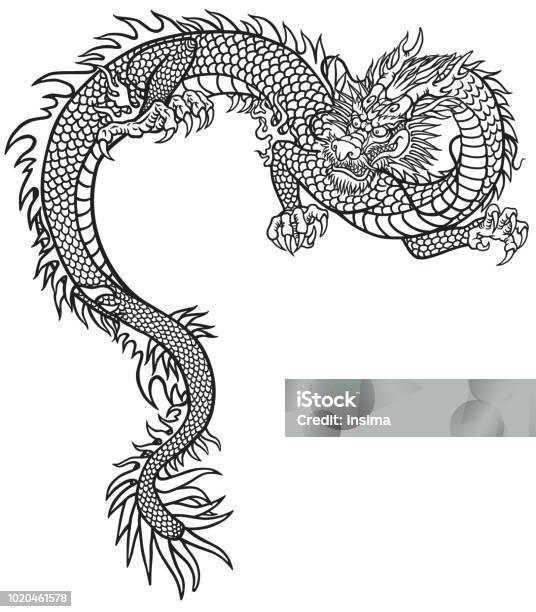 Eastern Dragon Black And White Tattoo Stock Illustration - Download Image Now - Chinese Dragon, Dragon, Vector