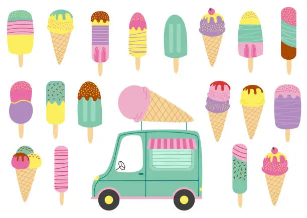 Vector illustration of set of isolated ice cream and truck