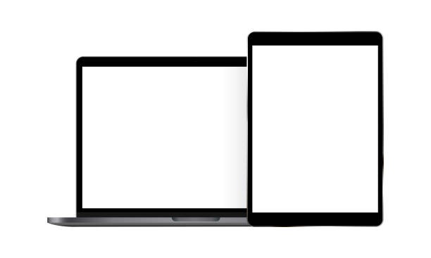 ноутбук и планшет со стилусом изолированы на белом фоне - digital tablet digitized pen laptop black stock illustrations