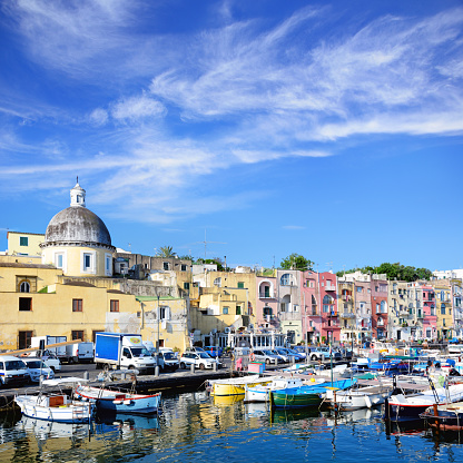 Procida is a small island in the Bay of Naples in southern Italy. Composite photo