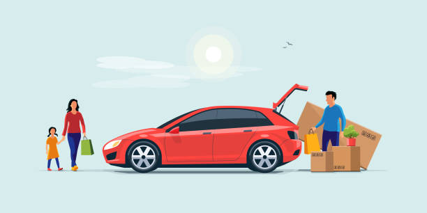 Family Shopping and Loading the Car Trunk with Purchase Flat vector illustration of a man with family coming from shopping and loading the car trunk with purchase carton boxes. Oversized big tv box doesn't fit. Isolated on blue background. family in car stock illustrations