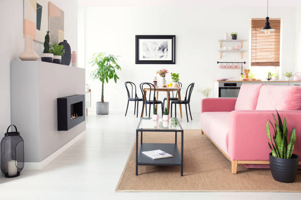 istock Real photo of open space flat interior with pink velvet sofa, fireplace, dining table and kichenette 1020501068