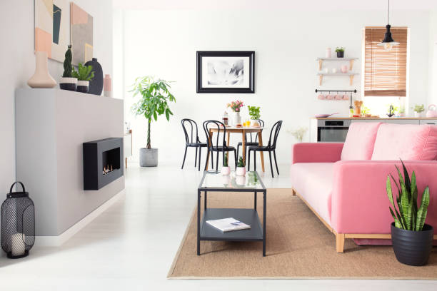 real photo of open space flat interior with pink velvet sofa, fireplace, dining table and kichenette - green studio imagens e fotografias de stock