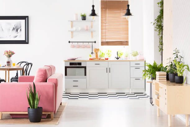 foto real do interior de cozinha espaço aberto com chão quadriculado, janela com cortinas de madeira, sofá de veludo cor de rosa e muitas plantas frescas - design studio - fotografias e filmes do acervo