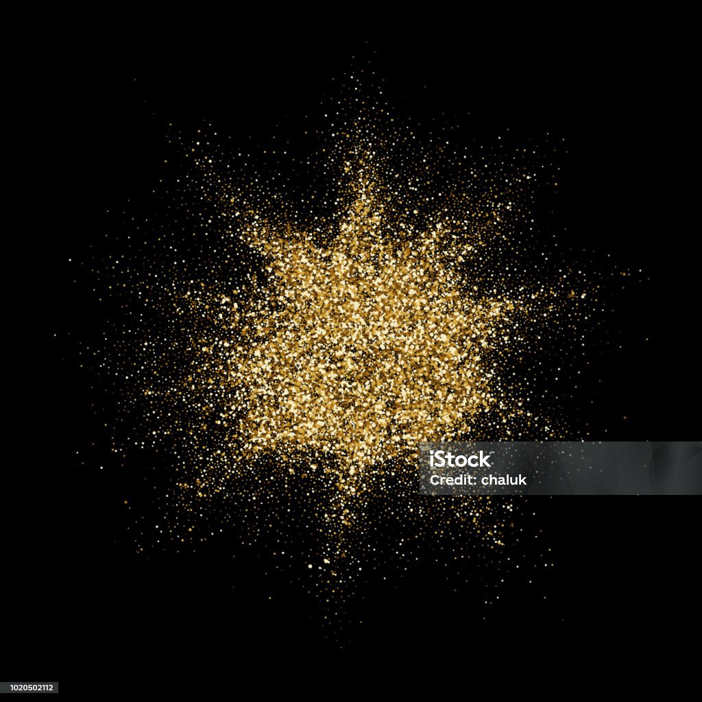 Golden glitter particles explosion or star dust splatter. Vector abstract sparkling firework confetti on black background for Christmas or luxury fashion cosmetic design Gold - Metal stock vector