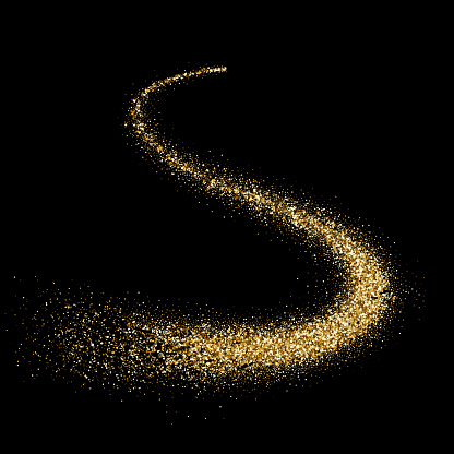 Golden glitter wave with sparkling glare effect. Vector abstract glittery light twist or twirl trail on premium luxury background with shiny particles S effect