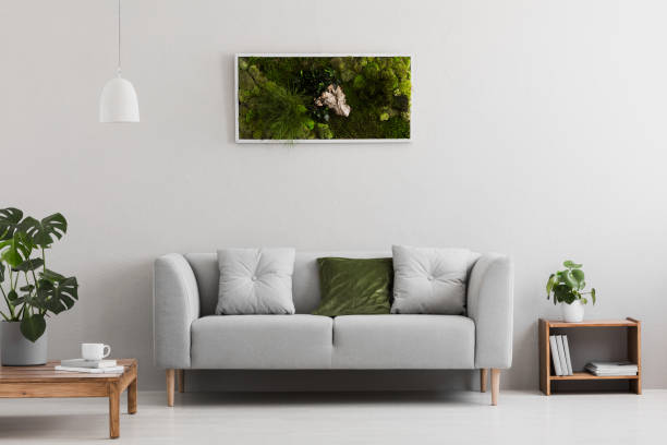 Grey sofa with pillow in real photo of bright sitting room interior with books on wooden shelf, coffee cup on table and garden in frame hanging on the wall Grey sofa with pillow in real photo of bright sitting room interior with books on wooden shelf, coffee cup on table and garden in frame hanging on the wall hanging moss stock pictures, royalty-free photos & images