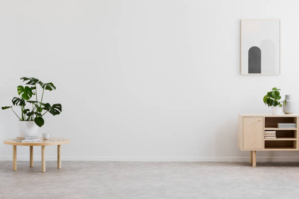 espacio vacío para su sofá en la foto real del interior de la luminosa sala de estar con plantas frescas, simples carteles y libros en armario de madera - simple living fotografías e imágenes de stock