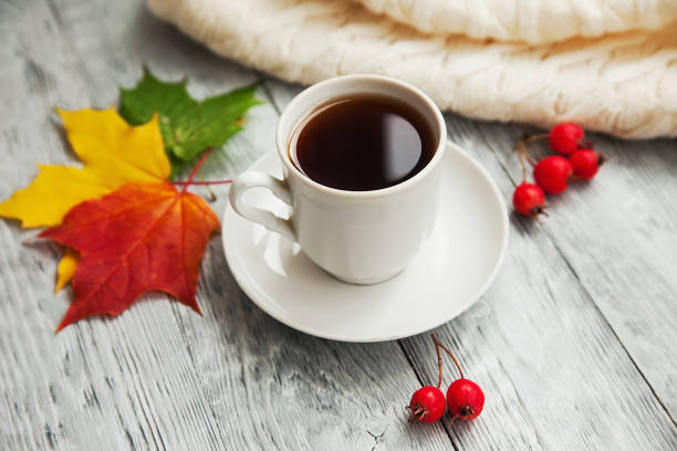istock Abstract background with autumn leaves and hot coffee cup 1020516942