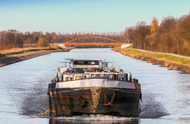 istock Ship crosses waterway in germany 1020519238