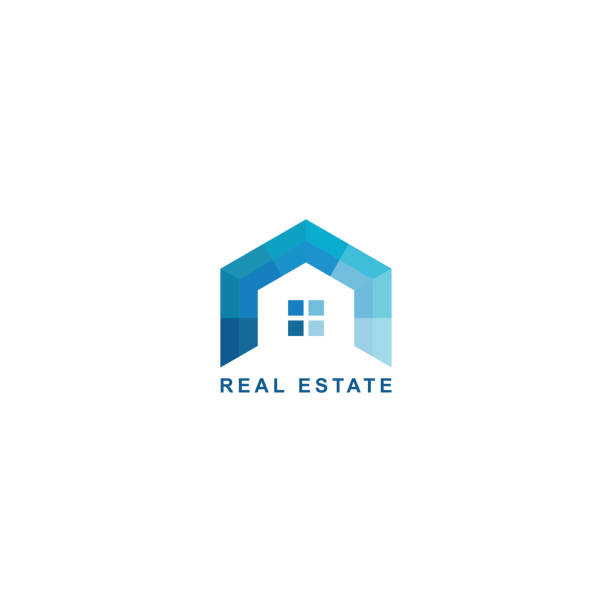 real estate design. geometric blue color design geometric simple blue flat style design, home, window real estate logos stock illustrations