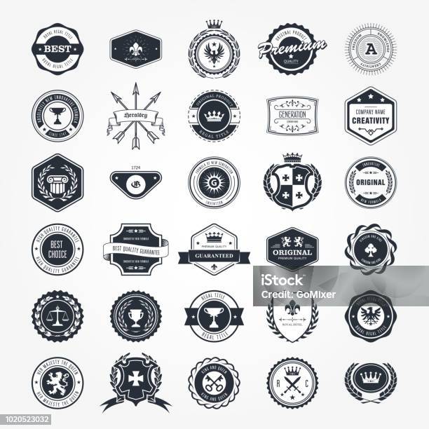 Emblems Badges And Retro Seals Set Blazons And Labels Stock Illustration - Download Image Now