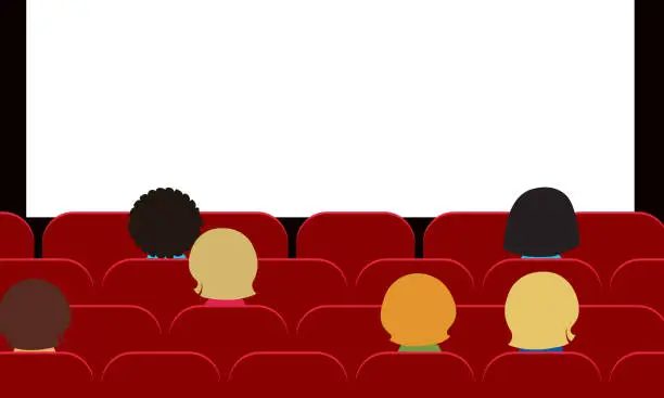 Vector illustration of People - men, women and children sitting in movie theater on red seats and watching blank white projection screen with space for your text - vector, flat design