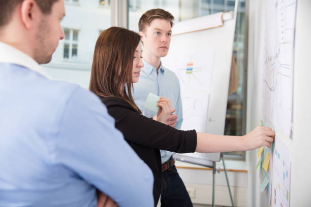 istock Businesswoman Sticking Notes While Standing By Male Colleagues 1020523660