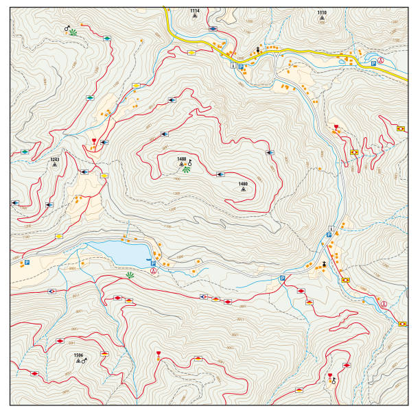 ilustraciones, imágenes clip art, dibujos animados e iconos de stock de mapa de senderismo topográficos imaginarios - orienteering