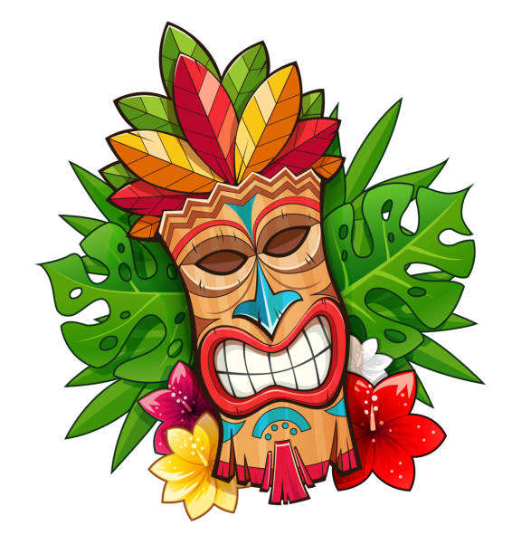 Tiki tribal wooden mask. Hawaiian traditional character Tiki tribal wooden mask. Hawaiian traditional character. Hawaii bar symbol. Tradition cartoon sculpture Isolated white background. EPS10 vector illustration. tiki mask stock illustrations