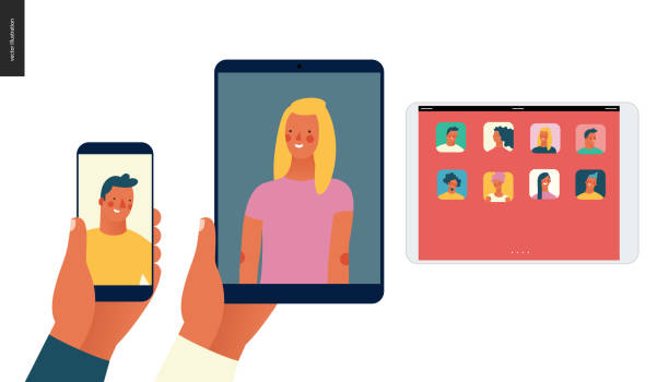 Bright people portraits Bright people portraits - hand drawn flat style vector concept illustration of video call, man and woman - a hand holding phone and tablet with a video chat, and a tablet with a screen with app icons ipad hand stock illustrations