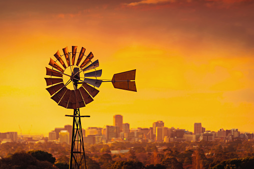 Windmill at sunset in Adelaide Hills, South Australia