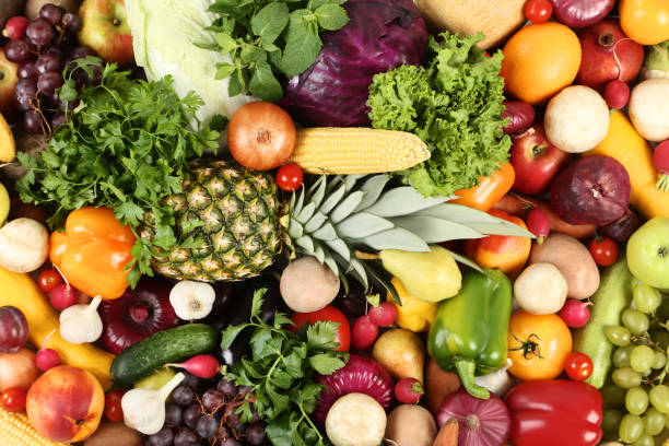 istock Ripe fruits and vegetables background 1020543540