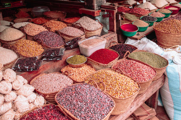 Dried food products on the african street market stock photo