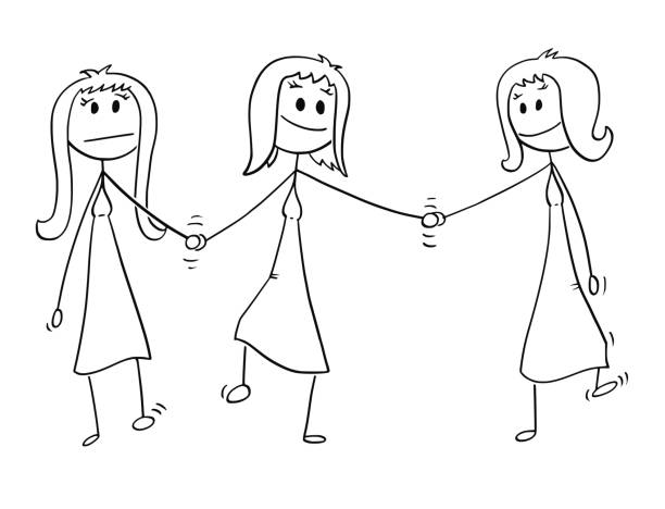 Cartoon of Homosexual Couple of Two Lesbian Women Walking and Holding Hands, One of Them is Also Holding Hand of Another Woman Cartoon stick drawing conceptual illustration of homosexual couple of two lesbian women walking together and holding each others hand. One of them is also holding hand of another woman, probably mistress. Concept of infidelity. lesbian affair stock illustrations