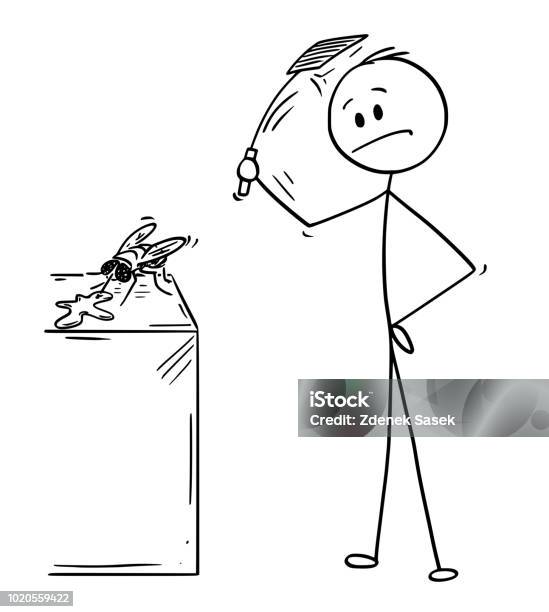 Cartoon Of Man Hitting And Killing A Fly With Swatter Or Flapper Or Flyflap Stock Illustration - Download Image Now