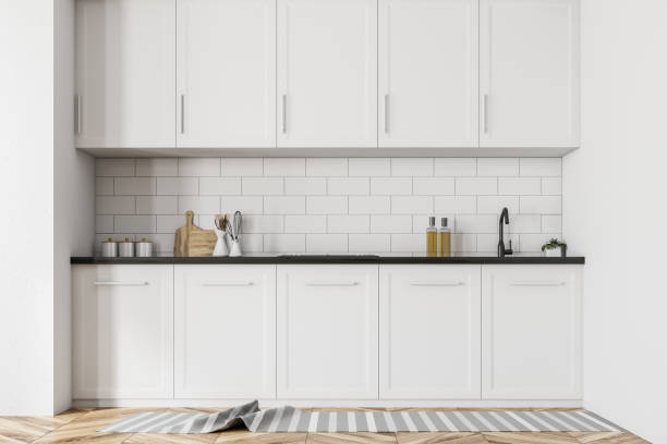 istock Scandinavian style kitchen, white countertops 1020563796