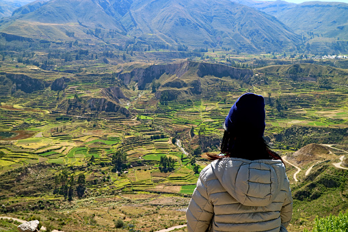 Female Tourist Looking at Agricultural Terraces in Colca Canyon, Arequipa Region, Peru