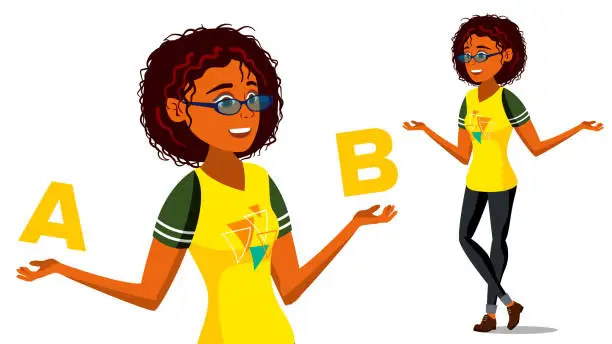 Vector illustration of Afro american Woman Comparing A With B Vector. Balance Of Mind And Emotions. Client Choice. Compare Objects, Ways, Ideas. Isolated Flat Cartoon Illustration