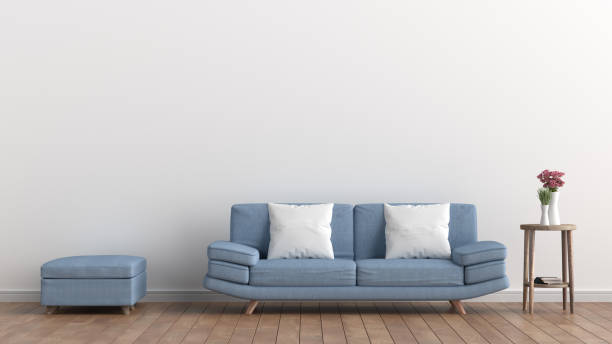 istock Empty living room with white wall and light blue sofa, Pink Roses In White Vase, Minimal Rustic,3D Rendering 1020585266