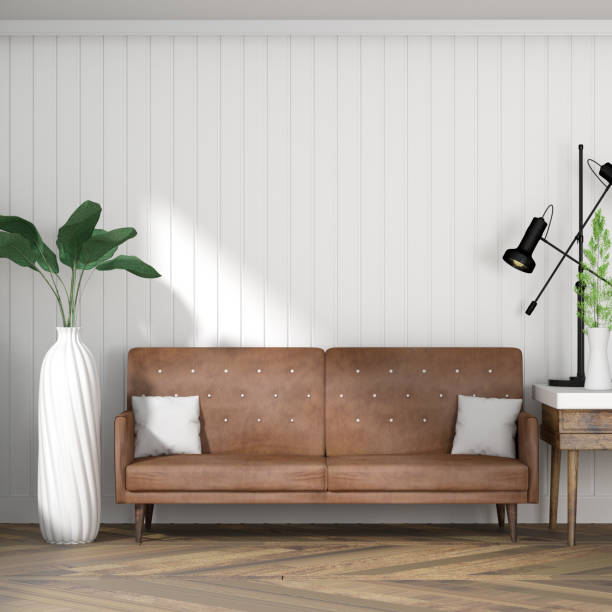istock living room with white wall and Leather sofa, 3D Rendering 1020585298
