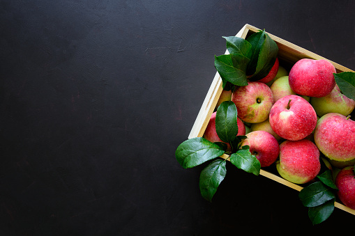 Fresh red apples in the wooden box on black background.  Top view. Copy space