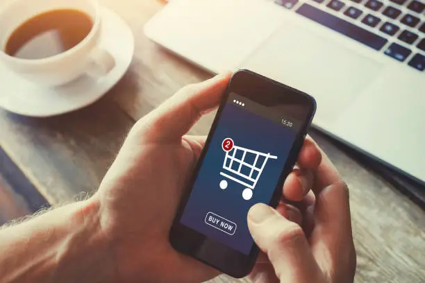 shopping online on internet store, order and buy things via mobile smartphone app on the screen, checkout interface in virtual shop