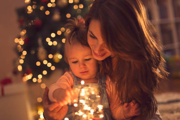 Family and Christmas lights