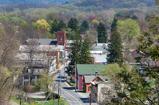 Aerial View of Rosendale, New York. Taken from the Rail Trail Bridge showing Main Street, Houses and Buildings