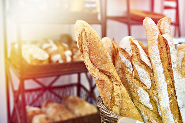 istock Bread baguettes in basket at baking shop 1020600448