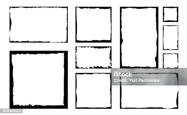 Set Of Grunge Square Frames Empty Border Background Hand Draws Black And White Ink Distress Damaged Edge Vintage Template Brush Stroke Vector Stock Illustration - Download Image Now